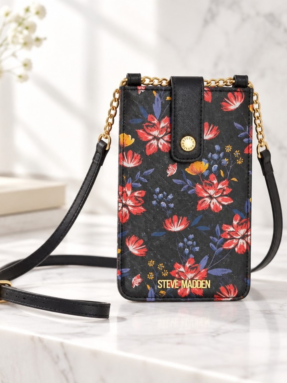 Steve Madden Black Floral Print Card & Phone Crossbody Bag Wallet